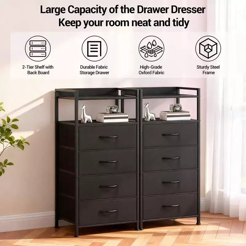 Bedside Table with 4 Fabric Drawers & Open Shelf 41x29x83.5cm Nightstand for Bedroom, Living Room & Office