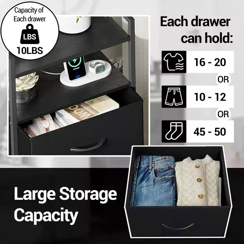 Bedside Table with 4 Fabric Drawers & Open Shelf 41x29x83.5cm Nightstand for Bedroom, Living Room & Office