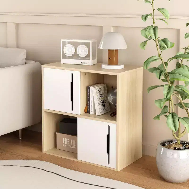 Modern Wooden Storage Cabinet with Sliding Doors,2-Tier Open and Closed Shelves Organizer,Natural Wood Finish with White Panels,for Living Room
