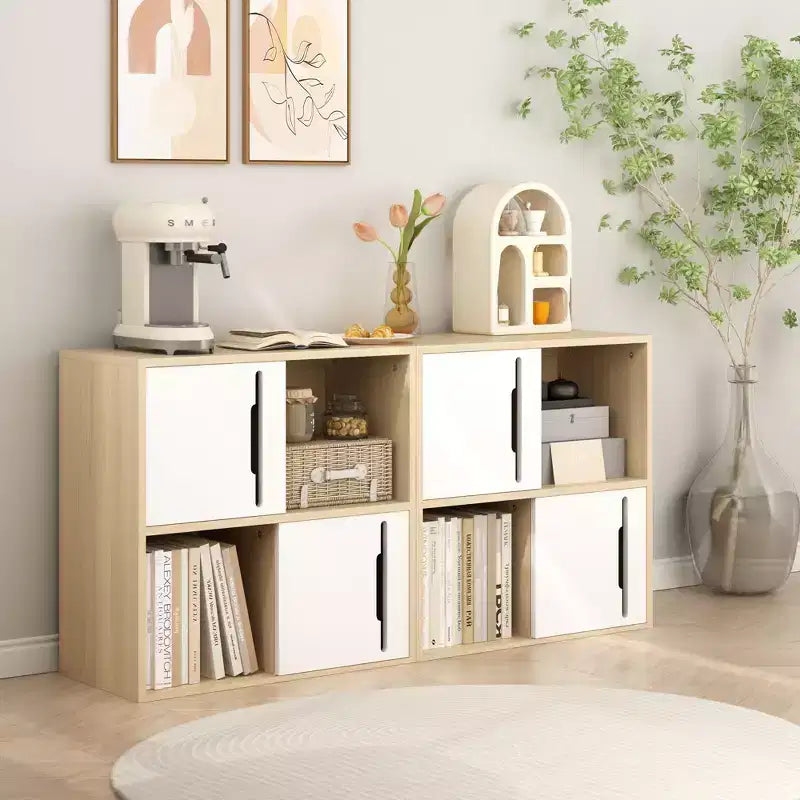 Modern Wooden Storage Cabinet with Sliding Doors,2-Tier Open and Closed Shelves Organizer,Natural Wood Finish with White Panels,for Living Room