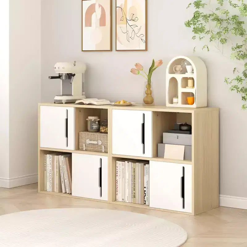 Modern Wooden Storage Cabinet with Sliding Doors,2-Tier Open and Closed Shelves Organizer,Natural Wood Finish with White Panels,for Living Room