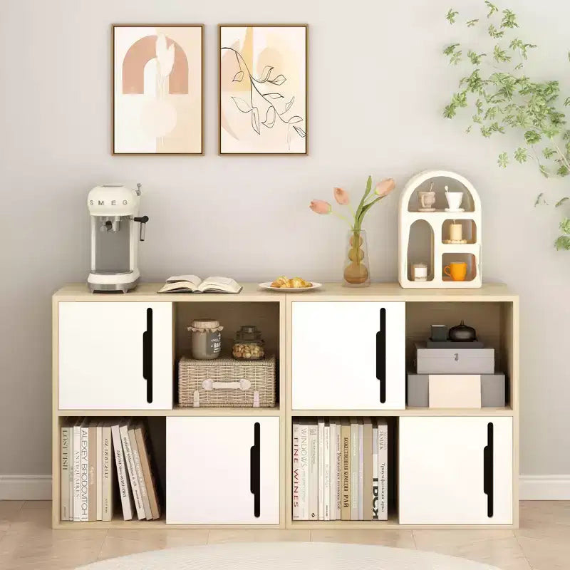 Modern Wooden Storage Cabinet with Sliding Doors,2-Tier Open and Closed Shelves Organizer,Natural Wood Finish with White Panels,for Living Room