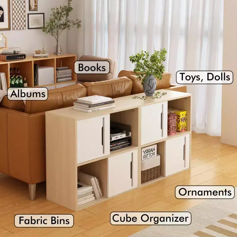 Modern Wooden Storage Cabinet with Sliding Doors,2-Tier Open and Closed Shelves Organizer,Natural Wood Finish with White Panels,for Living Room