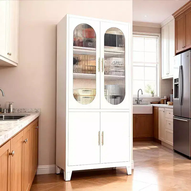 Storage Cabinet with Fluted Glass Doors, 71 Metal Accent Pantry for Kitchen, Dining Room Food Storage Cabinet, Modern Kitchen Cupboard