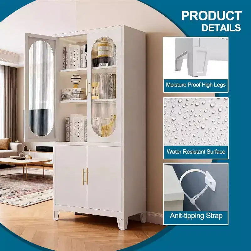 Storage Cabinet with Fluted Glass Doors, 71 Metal Accent Pantry for Kitchen, Dining Room Food Storage Cabinet, Modern Kitchen Cupboard