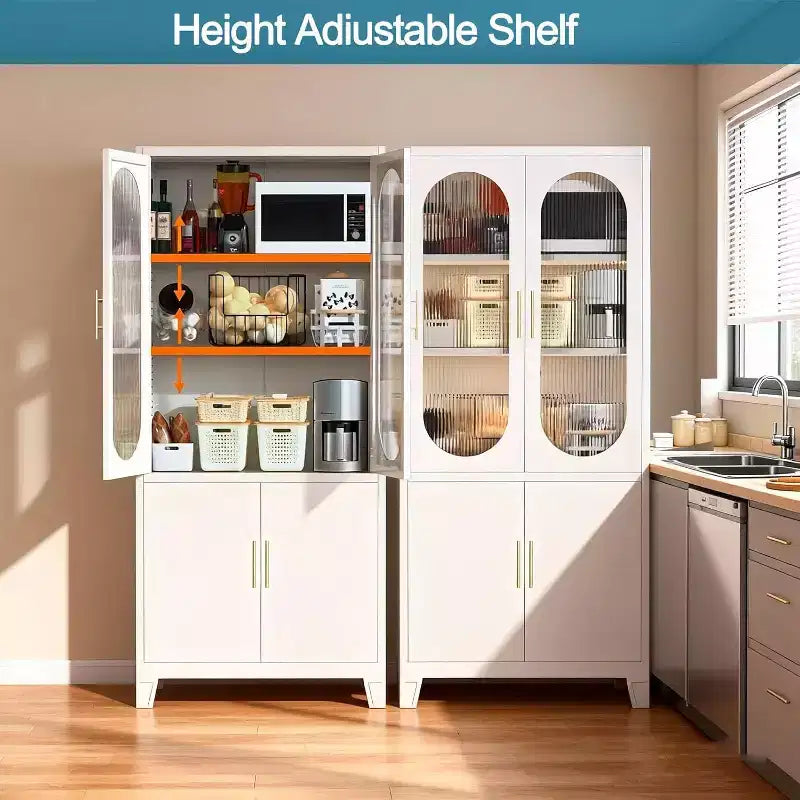 Storage Cabinet with Fluted Glass Doors, 71 Metal Accent Pantry for Kitchen, Dining Room Food Storage Cabinet, Modern Kitchen Cupboard