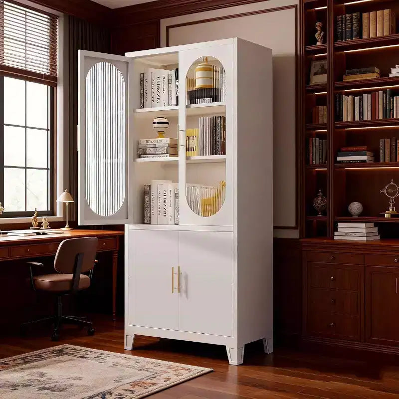 Storage Cabinet with Fluted Glass Doors, 71 Metal Accent Pantry for Kitchen, Dining Room Food Storage Cabinet, Modern Kitchen Cupboard