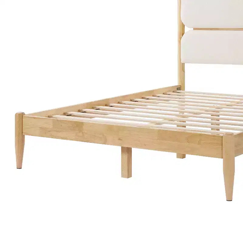 Queen/King Size Platform Bed Frame with Padded Upholstered Headboard, Fleece & Rubber wood Frame, Ivory & Natural - ModernLuxe