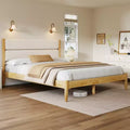 Queen/King Size Platform Bed Frame with Padded Upholstered Headboard, Fleece & Rubber wood Frame, Ivory & Natural - ModernLuxe