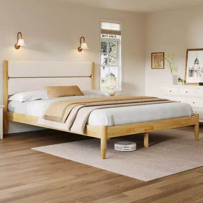 Queen/King Size Platform Bed Frame with Padded Upholstered Headboard, Fleece & Rubber wood Frame, Ivory & Natural - ModernLuxe