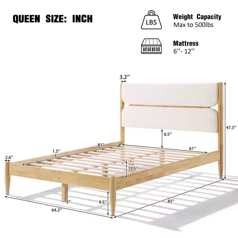 Queen/King Size Platform Bed Frame with Padded Upholstered Headboard, Fleece & Rubber wood Frame, Ivory & Natural - ModernLuxe