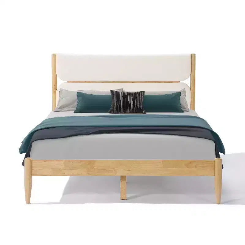 Queen/King Size Platform Bed Frame with Padded Upholstered Headboard, Fleece & Rubber wood Frame, Ivory & Natural - ModernLuxe