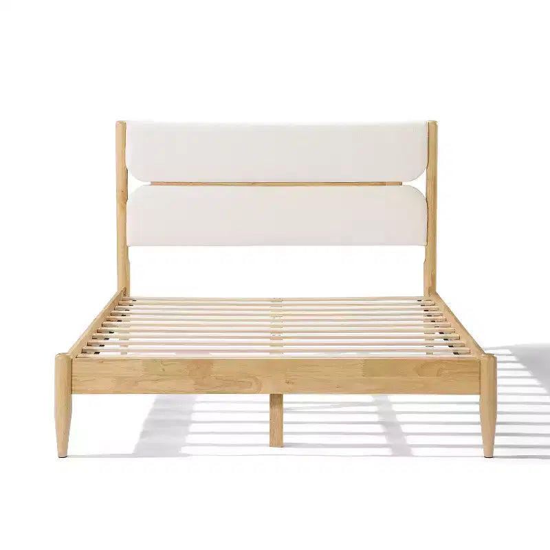 Queen/King Size Platform Bed Frame with Padded Upholstered Headboard, Fleece & Rubber wood Frame, Ivory & Natural - ModernLuxe