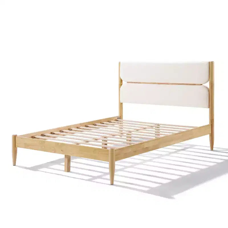 Queen/King Size Platform Bed Frame with Padded Upholstered Headboard, Fleece & Rubber wood Frame, Ivory & Natural - ModernLuxe