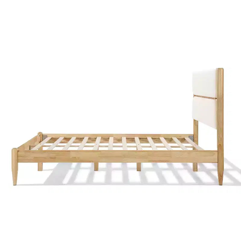 Queen/King Size Platform Bed Frame with Padded Upholstered Headboard, Fleece & Rubber wood Frame, Ivory & Natural - ModernLuxe