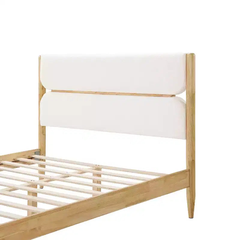 Queen/King Size Platform Bed Frame with Padded Upholstered Headboard, Fleece & Rubber wood Frame, Ivory & Natural - ModernLuxe