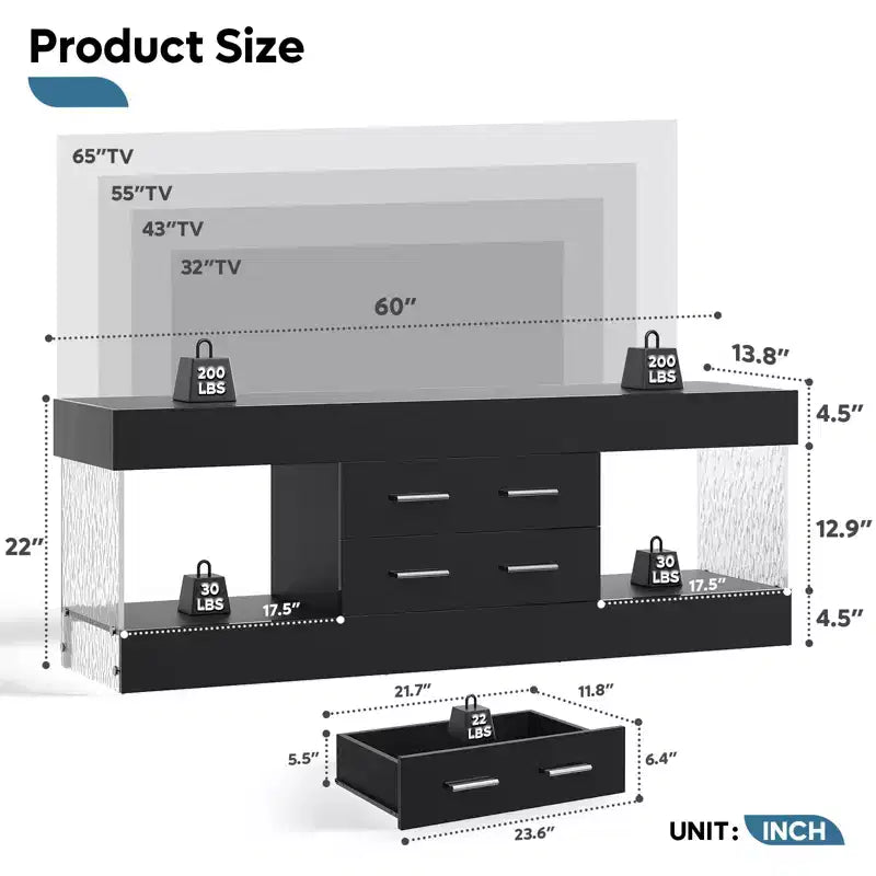 Bestier 22''Tall TV Stand with Storage Shelves & Drawers, 60''LED Gaming Entertainment Center Medium Console for 32/43/55/65 TV
