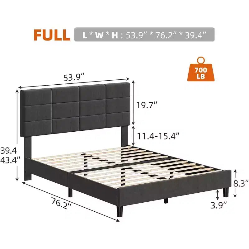 COZONY Full Size Bed Frame with Headboard, Grey Linen Upholstered w/ 700LBS Wood Slat Support, No Box Spring