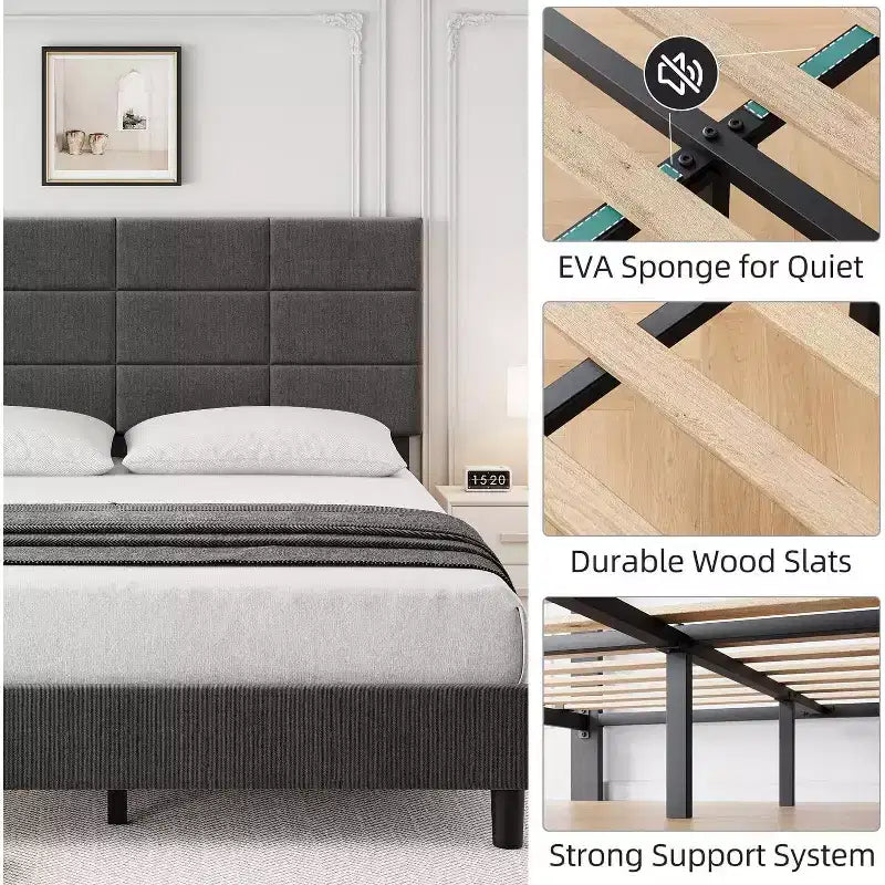 COZONY Full Size Bed Frame with Headboard, Grey Linen Upholstered w/ 700LBS Wood Slat Support, No Box Spring