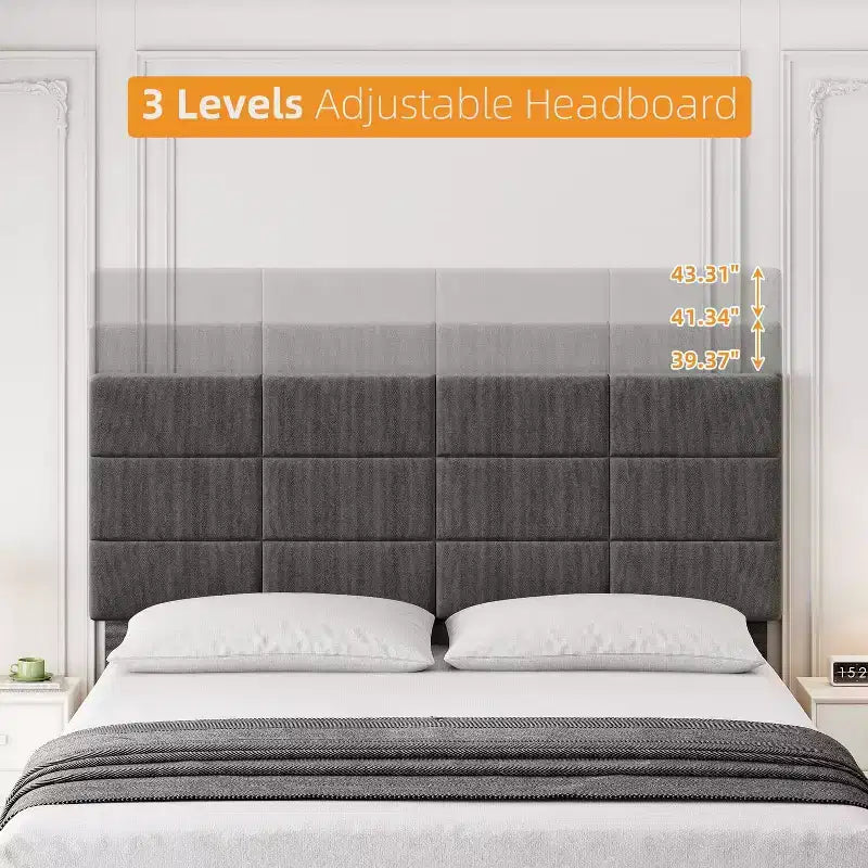 COZONY Full Size Bed Frame with Headboard, Grey Linen Upholstered w/ 700LBS Wood Slat Support, No Box Spring