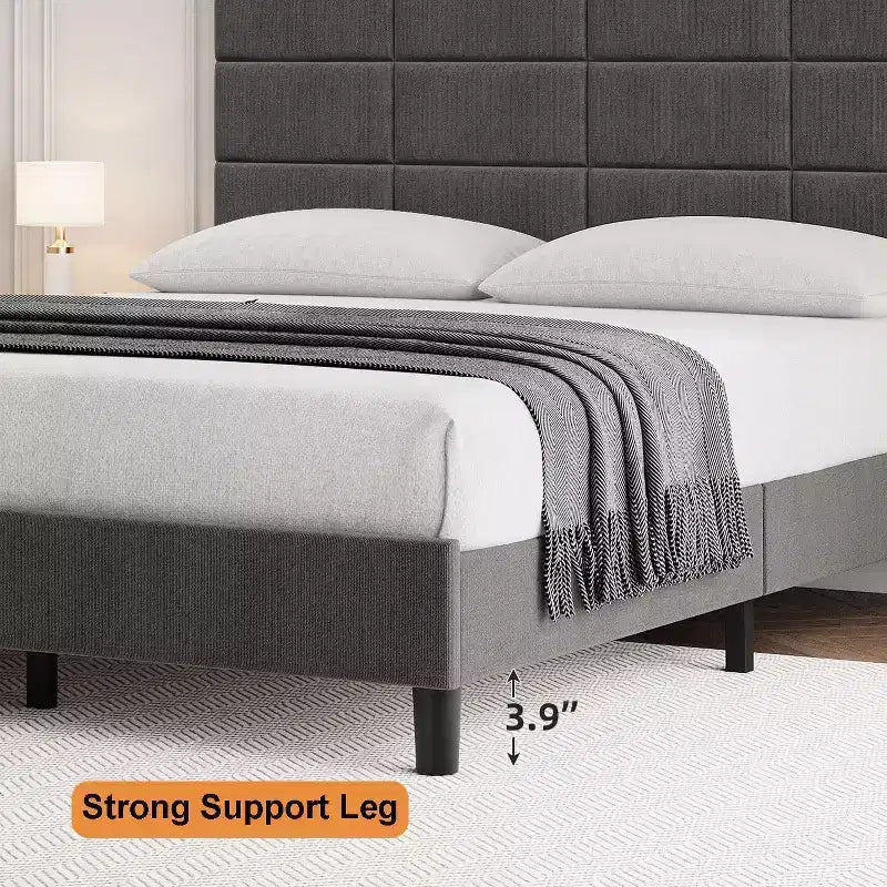 COZONY Full Size Bed Frame with Headboard, Grey Linen Upholstered w/ 700LBS Wood Slat Support, No Box Spring