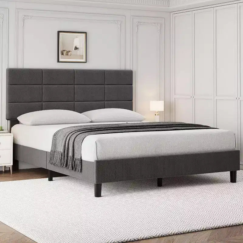 COZONY Full Size Bed Frame with Headboard, Grey Linen Upholstered w/ 700LBS Wood Slat Support, No Box Spring