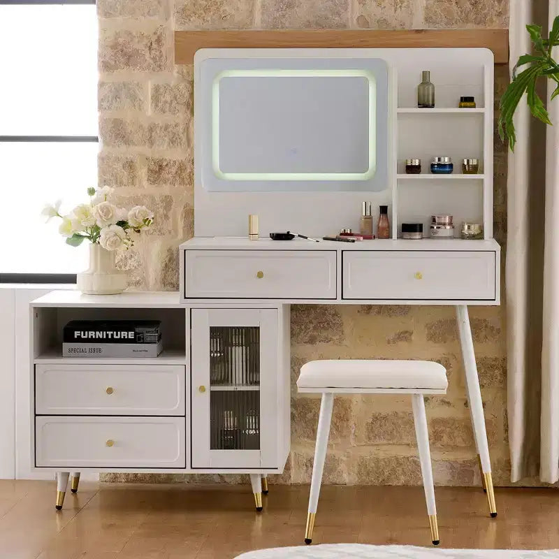 Okak Modern Makeup Vanity with Mirror, Retractable Vanity Table with Power Outlet and Stool, Vanity Set for Bedroom, Dressing Room