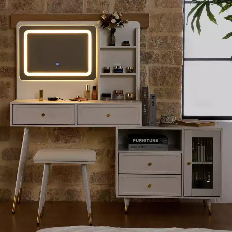 Okak Modern Makeup Vanity with Mirror, Retractable Vanity Table with Power Outlet and Stool, Vanity Set for Bedroom, Dressing Room