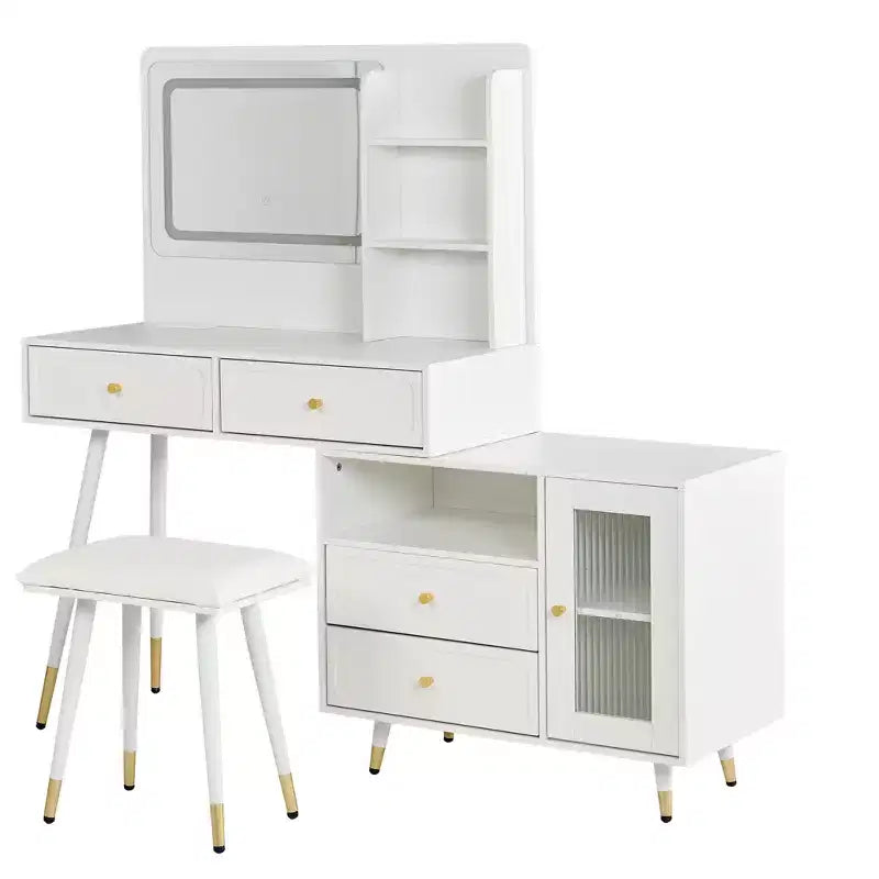 Okak Modern Makeup Vanity with Mirror, Retractable Vanity Table with Power Outlet and Stool, Vanity Set for Bedroom, Dressing Room
