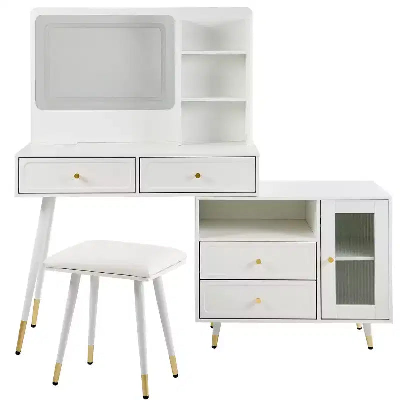 Okak Modern Makeup Vanity with Mirror, Retractable Vanity Table with Power Outlet and Stool, Vanity Set for Bedroom, Dressing Room