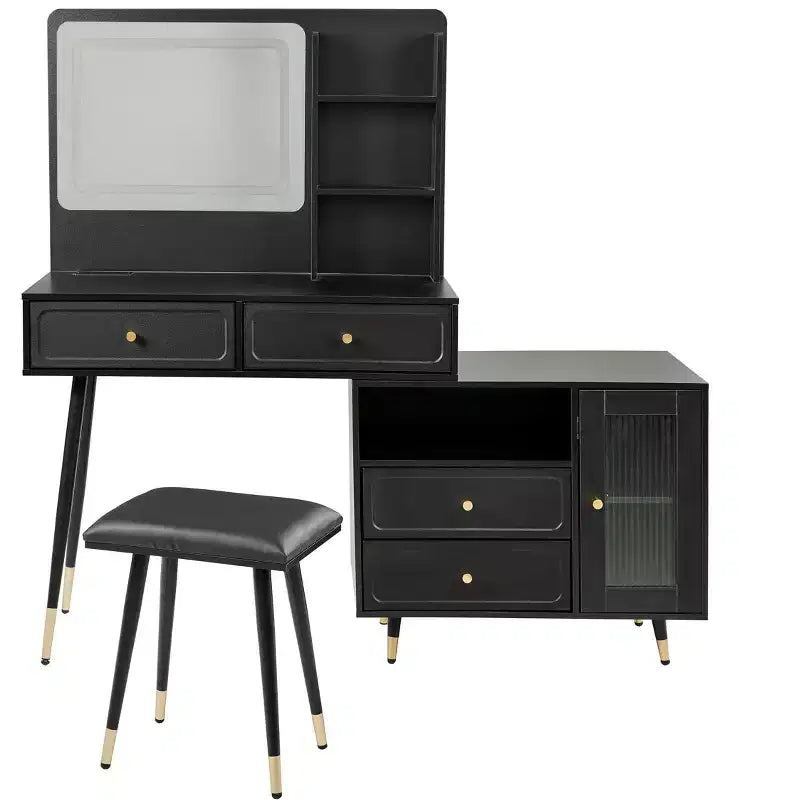 Okak Modern Makeup Vanity with Mirror, Retractable Vanity Table with Power Outlet and Stool, Vanity Set for Bedroom, Dressing Room
