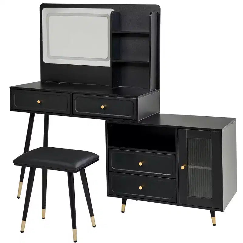 Okak Modern Makeup Vanity with Mirror, Retractable Vanity Table with Power Outlet and Stool, Vanity Set for Bedroom, Dressing Room