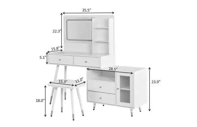 Okak Modern Makeup Vanity with Mirror, Retractable Vanity Table with Power Outlet and Stool, Vanity Set for Bedroom, Dressing Room