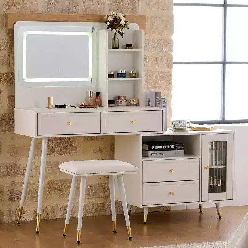 Okak Modern Makeup Vanity with Mirror, Retractable Vanity Table with Power Outlet and Stool, Vanity Set for Bedroom, Dressing Room