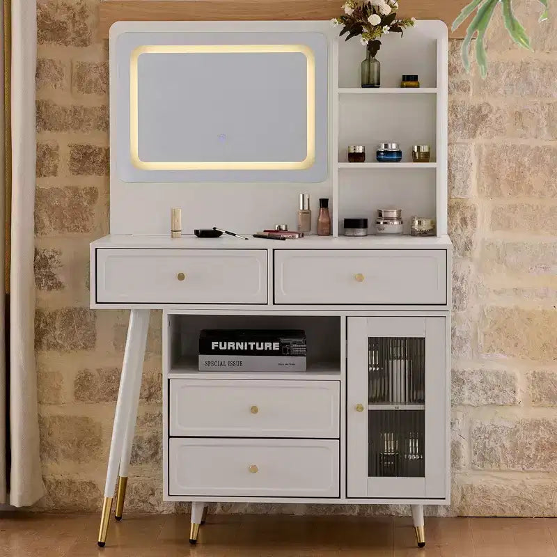 Okak Modern Makeup Vanity with Mirror, Retractable Vanity Table with Power Outlet and Stool, Vanity Set for Bedroom, Dressing Room