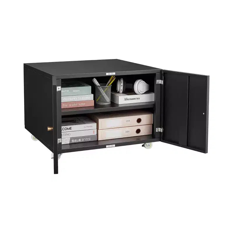 VIYET 23.6 Black Steel Double-Door Printer Cabinet, 360 Lockable Casters & Adjustable Shelves, Waterproof