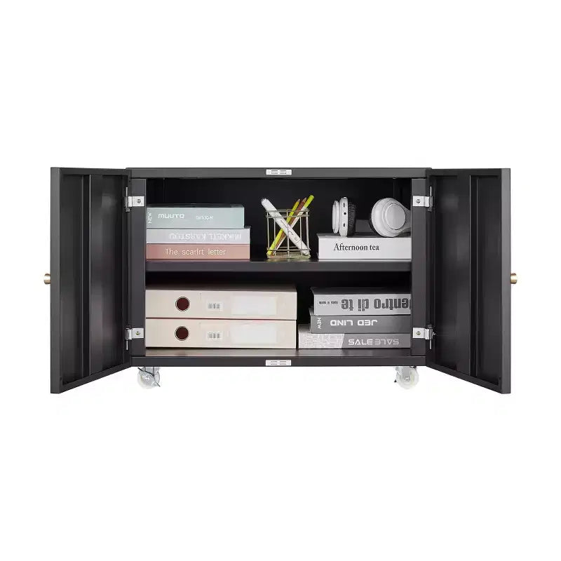 VIYET 23.6 Black Steel Double-Door Printer Cabinet, 360 Lockable Casters & Adjustable Shelves, Waterproof