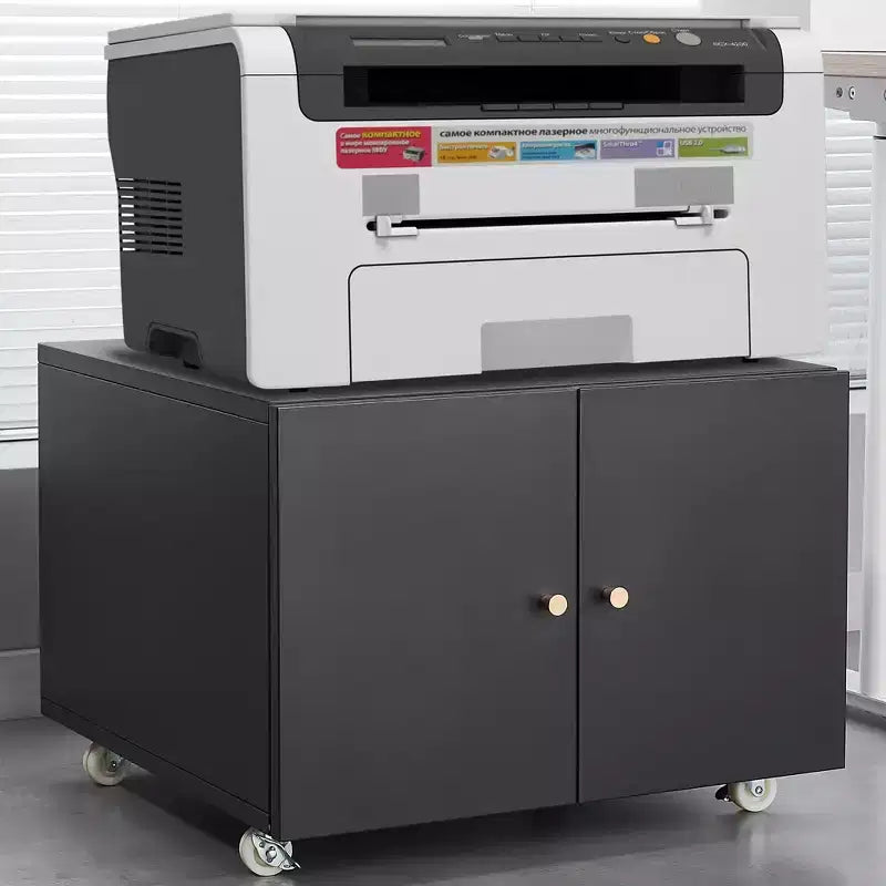 VIYET 23.6 Black Steel Double-Door Printer Cabinet, 360 Lockable Casters & Adjustable Shelves, Waterproof