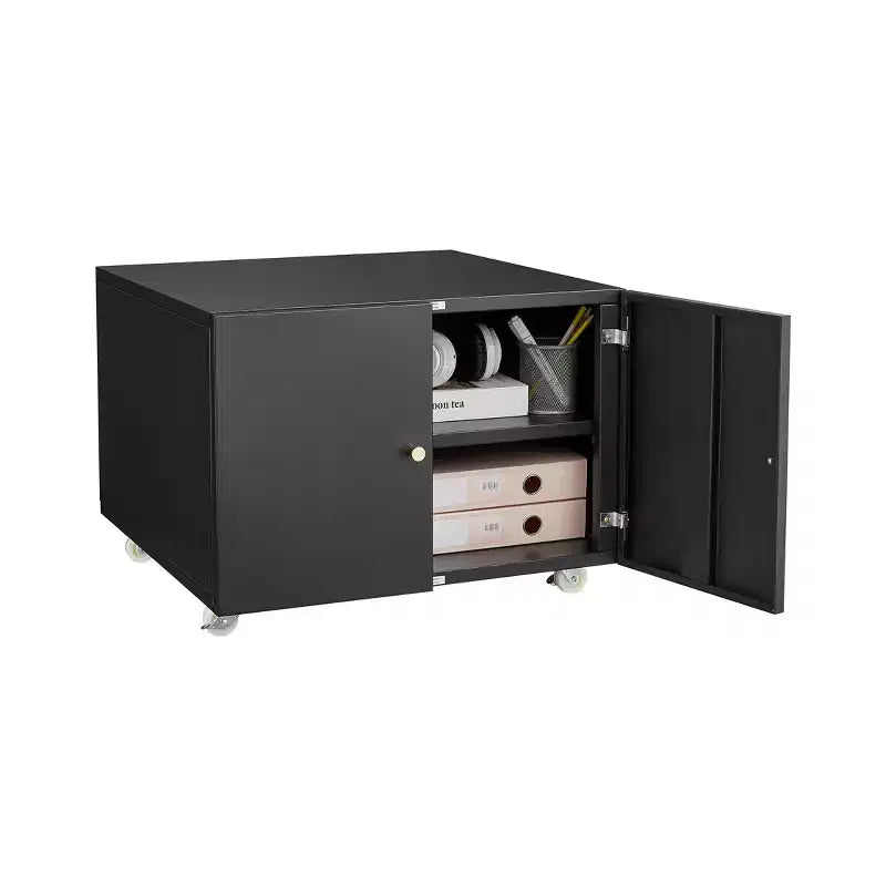 VIYET 23.6 Black Steel Double-Door Printer Cabinet, 360 Lockable Casters & Adjustable Shelves, Waterproof