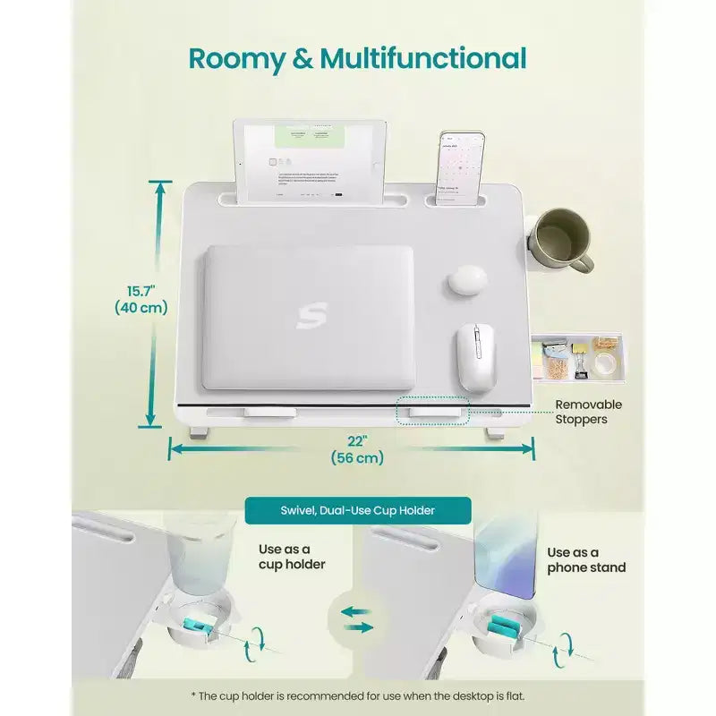SONGMICS Bed Laptop Desk,Foldable Bed Desk for Laptop,15.7 x 22 Inches Large Desktop,120 Stepless Tilt,Adjustable Height,Cup Holder
