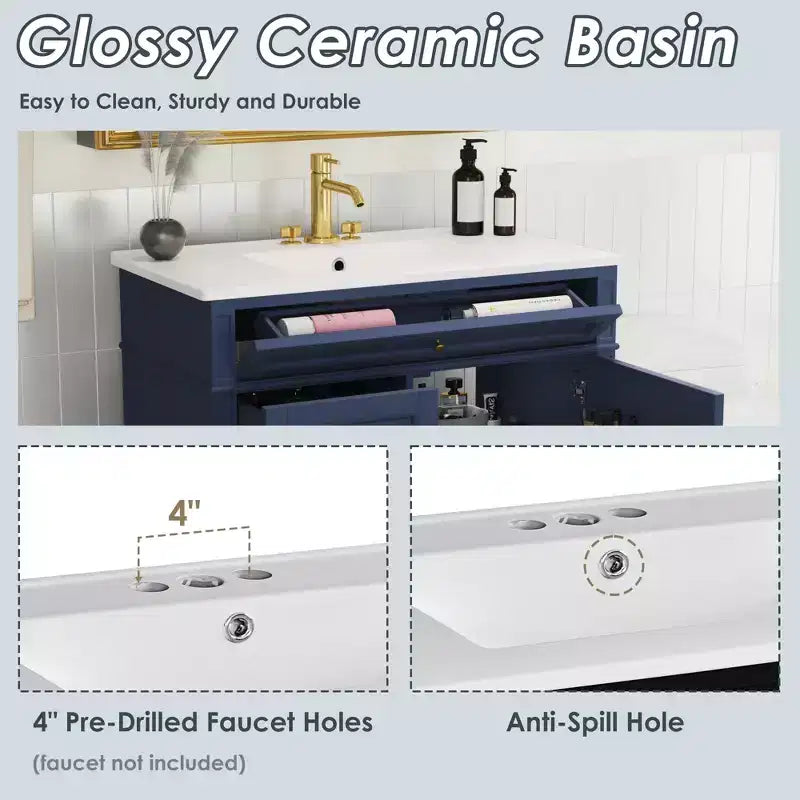 36 Single Sink Bathroom Vanity, Freestanding Vanity with 2 Drawers and 1 Tip-Out Drawer, Wood Bathroom Cabinet with Ceramic Basin Sink Top