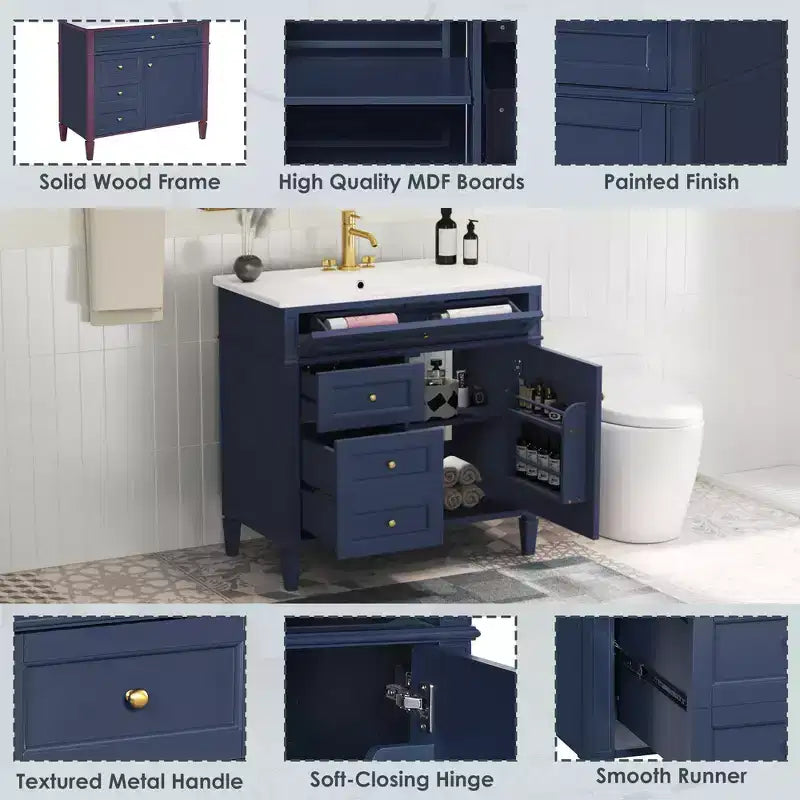 36 Single Sink Bathroom Vanity, Freestanding Vanity with 2 Drawers and 1 Tip-Out Drawer, Wood Bathroom Cabinet with Ceramic Basin Sink Top