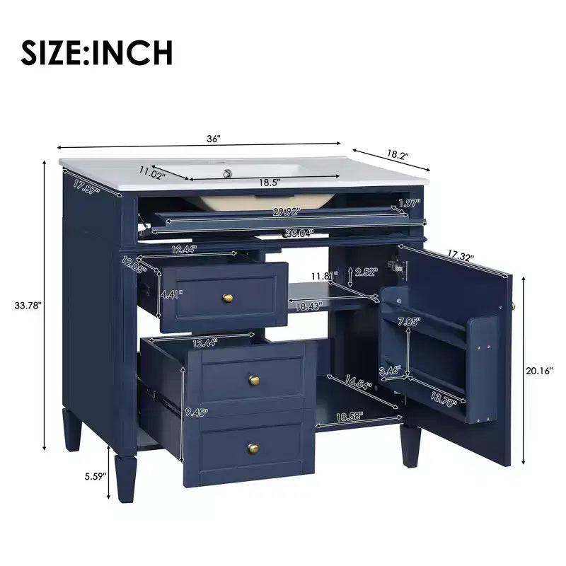 36 Single Sink Bathroom Vanity, Freestanding Vanity with 2 Drawers and 1 Tip-Out Drawer, Wood Bathroom Cabinet with Ceramic Basin Sink Top