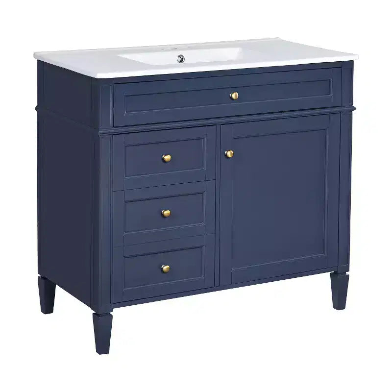 36 Single Sink Bathroom Vanity, Freestanding Vanity with 2 Drawers and 1 Tip-Out Drawer, Wood Bathroom Cabinet with Ceramic Basin Sink Top