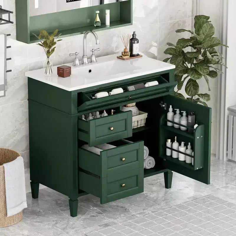 36 Single Sink Bathroom Vanity, Freestanding Vanity with 2 Drawers and 1 Tip-Out Drawer, Wood Bathroom Cabinet with Ceramic Basin Sink Top