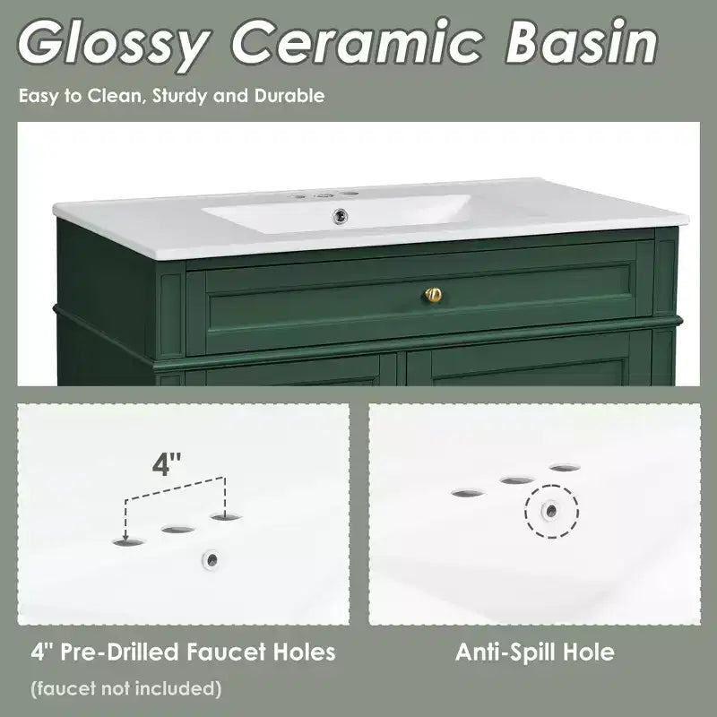36 Single Sink Bathroom Vanity, Freestanding Vanity with 2 Drawers and 1 Tip-Out Drawer, Wood Bathroom Cabinet with Ceramic Basin Sink Top