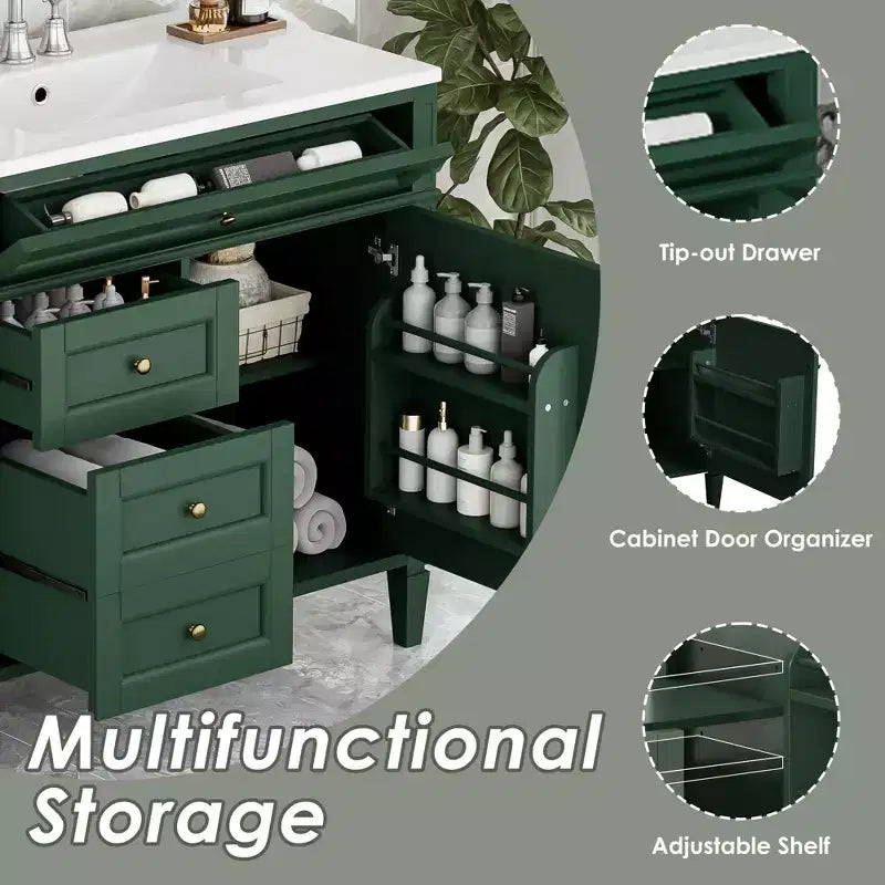 36 Single Sink Bathroom Vanity, Freestanding Vanity with 2 Drawers and 1 Tip-Out Drawer, Wood Bathroom Cabinet with Ceramic Basin Sink Top