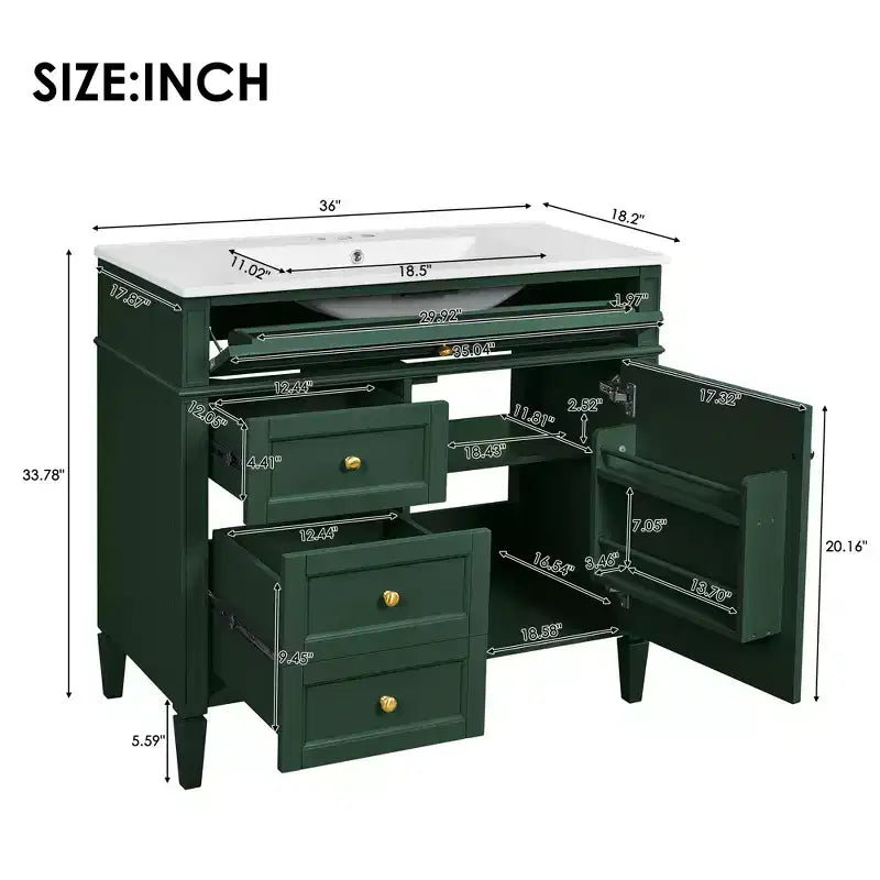 36 Single Sink Bathroom Vanity, Freestanding Vanity with 2 Drawers and 1 Tip-Out Drawer, Wood Bathroom Cabinet with Ceramic Basin Sink Top