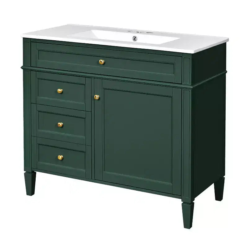 36 Single Sink Bathroom Vanity, Freestanding Vanity with 2 Drawers and 1 Tip-Out Drawer, Wood Bathroom Cabinet with Ceramic Basin Sink Top