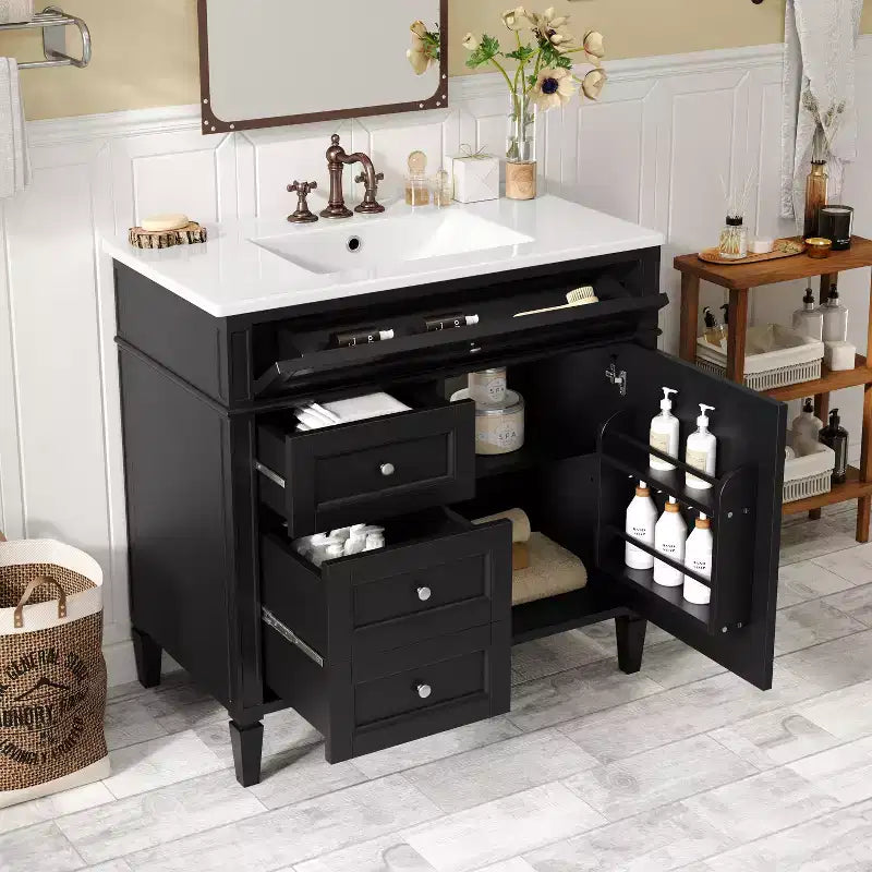 36 Single Sink Bathroom Vanity, Freestanding Vanity with 2 Drawers and 1 Tip-Out Drawer, Wood Bathroom Cabinet with Ceramic Basin Sink Top